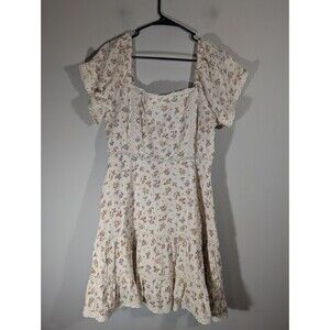 American Eagle Cream Floral Lace Trim Tiered Mini Dress Sz L Cottagecore Prairie
